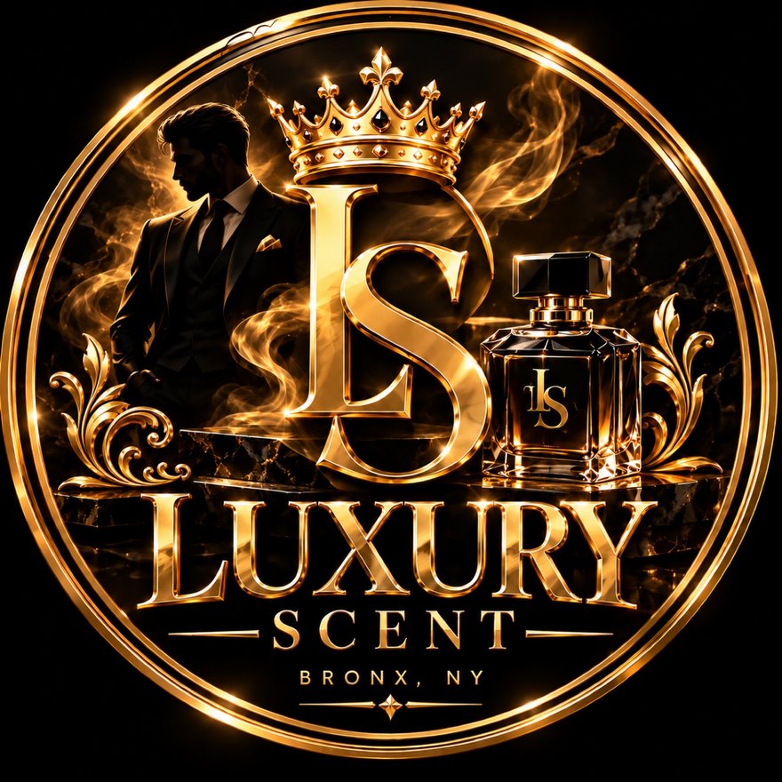 Sello oficial de Luxury Scent: corona dorada, monograma LS, botella de perfume y el texto Luxury Scent — Bronx, NY